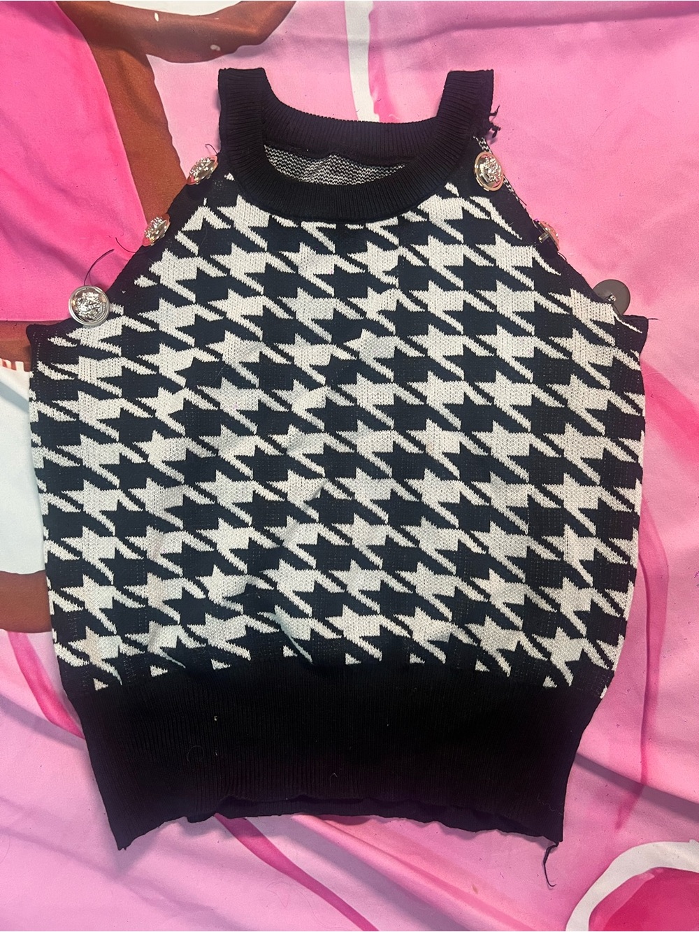 Houndstooth Knit Sleeveless Sweater Vest - Black & White